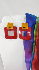 artisan handmade earrings red tan golden yellow