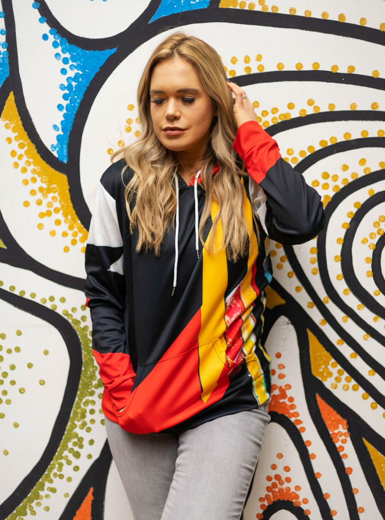 sporty design hoodie, red, white, black, yellow hoodie with pockets, polyester hoodie