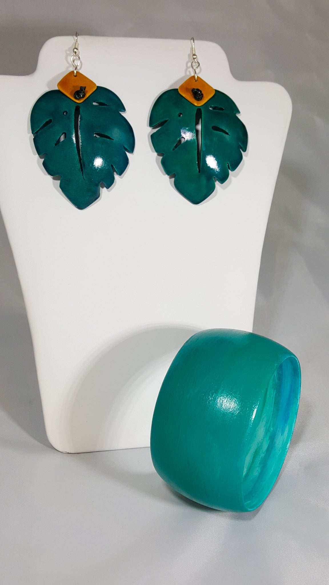 large green palm leaf large earrings